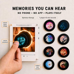 May include: A music player device with a square display showing a photo collage and playback controls. The text reads MEMORIES YOU CAN HEAR, NO PHONE, NO APP, PLAYS ITSELF. It includes nine circular mini records with custom art and imagery.