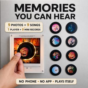 May include: A square light-up display frame with the text MEMORIES YOU CAN HEAR, 9 PHOTOS + 9 SONGS, 1 PLAYER + 9 MINI RECORDS, and NO PHONE NO APP PLAYS ITSELF. Includes a square player and eight circular mini records with colorful imagery.