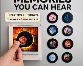 May include: A square light-up display frame with the text MEMORIES YOU CAN HEAR, 9 PHOTOS + 9 SONGS, 1 PLAYER + 9 MINI RECORDS, and NO PHONE NO APP PLAYS ITSELF. Includes a square player and eight circular mini records with colorful imagery.