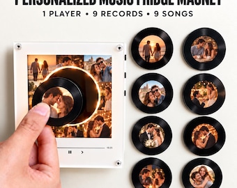 May include: A personalized music fridge magnet set featuring a square white player frame and nine circular record-shaped magnets. Each record displays a unique photograph of a couple. The player frame includes a digital interface graphic.
