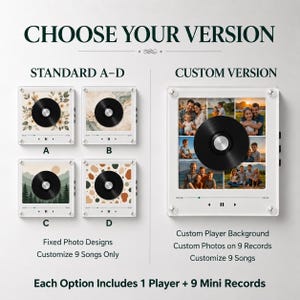 May include: A square acrylic music player display featuring a central black vinyl record graphic. Options include four fixed designs labeled A-D with floral, marble, landscape, or abstract patterns, and a custom version with a nine-photo collage.
