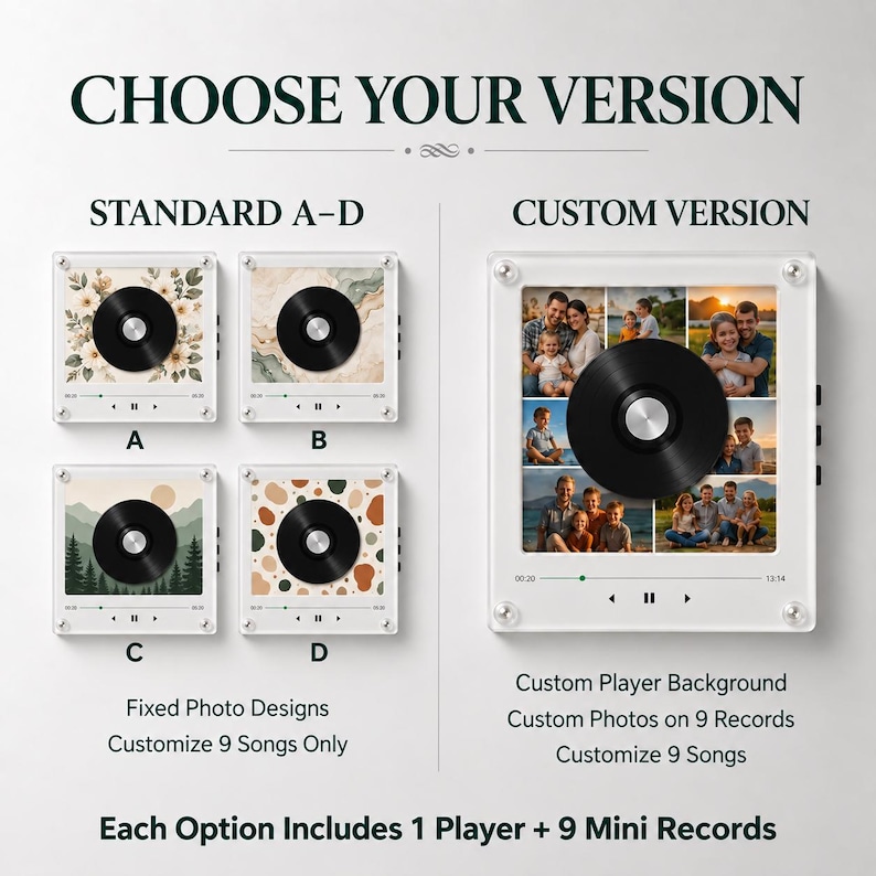 May include: A square acrylic music player display featuring a central black vinyl record graphic. Options include four fixed designs labeled A-D with floral, marble, landscape, or abstract patterns, and a custom version with a nine-photo collage.