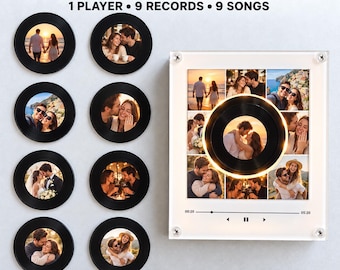 May include: A custom photo music magnet set featuring a rectangular acrylic player display with a central circular record and eight additional circular record magnets. Each piece displays various couple photographs. The text reads CUSTOM PHOTO MUSIC MAGNET, 1 PLAYER, 9 RECORDS, 9 SONGS, 00:20, and 05:20.