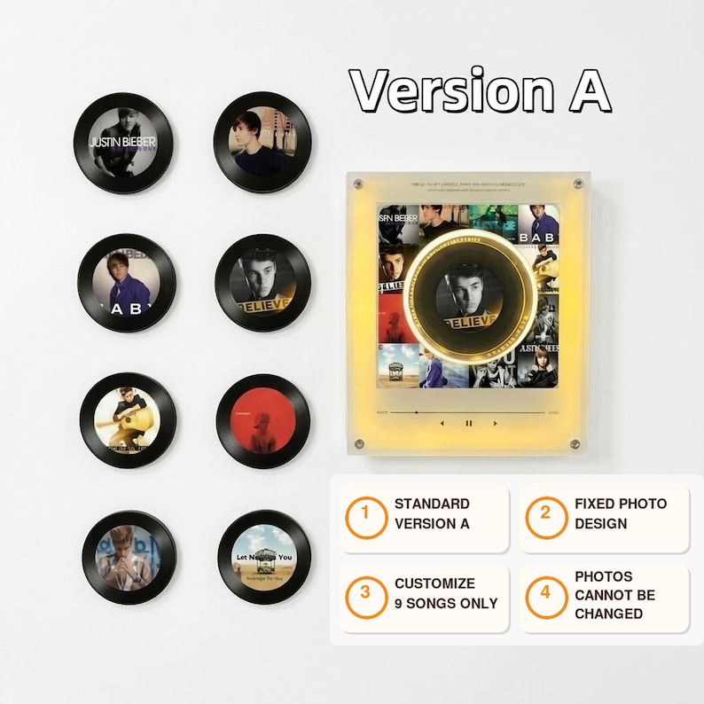 May include: Eight circular black wall-mounted displays featuring Justin Bieber album art, alongside a square illuminated acrylic plaque with a central gold-rimmed disc and a grid of nine album covers. Text includes Version A, Standard Version A, Fixed Photo Design, Customize 9 Songs Only, and Photos Cannot Be Changed.