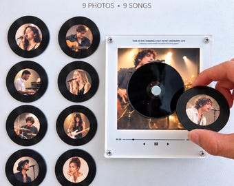 May include: A custom music fridge magnet set featuring nine circular magnets with various musician photos and a square acrylic display board with the text THIS IS THE SHINING STAR IN MY ORDINARY LIFE and a music player interface with play controls.