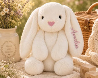 Personalized Bunny Plush with Name, Custom Embroidered Baby Gift, Easter Newborn Present