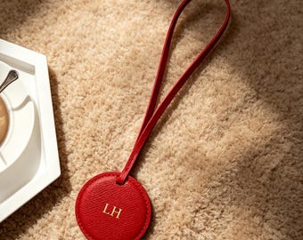 Custom RU Initial Round Leather Keychain Charm, Personalized Monogram Luggage Bag Accessory