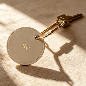 Pode incluir: Uma etiqueta redonda de couro bege para porta-chaves com as letras douradas SV em relevo, presa a um mosquetão de metal dourado ligado a uma chave de casa de metal. O design é simples, circular e apresenta um acabamento mate e suave.