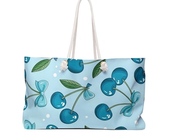 Weekendtas met blauwe kersenprint | Tas met tropisch fruitmotief