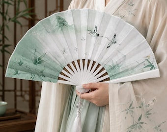 Japanese Silk Folding Fan with Tassel, Bamboo Frame, Crane Artwork