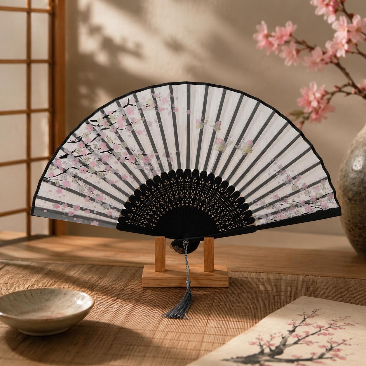 Japanese Folding Fan, Cherry Blossom Bamboo, Tassel Decor, Wedding Accessory