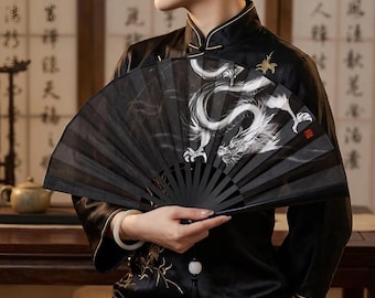 Abanico plegable de seda Black Dragon / Abanico de mano chino de bambú con borla