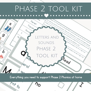 May include: A Phase 2 Tool Kit educational set featuring printed cards with letters, sounds, and illustrations. The kit includes instructional text, phonics guides, and cards with the letters s, g, b, a, m, n, and i, along with the text Phase 2 Tool Kit.
