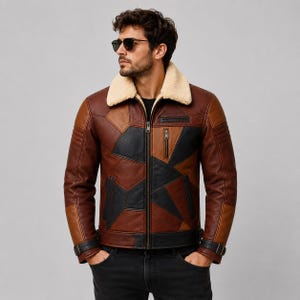 Chaqueta de hombre con patchwork y borrego, chaqueta de cuero, chaqueta clásica de motociclista, chaqueta con cuello de piel, regalo para él, envío a EE. UU. con impuestos pagados.