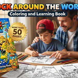 Puede incluir: Un libro de colorear y aprendizaje titulado Rock Around The World que presenta a un personaje de dibujos animados tocando la guitarra sobre un globo terráqueo, rodeado de monumentos mundiales, tulipanes y notas musicales, con un sello dorado de 50 Pages.