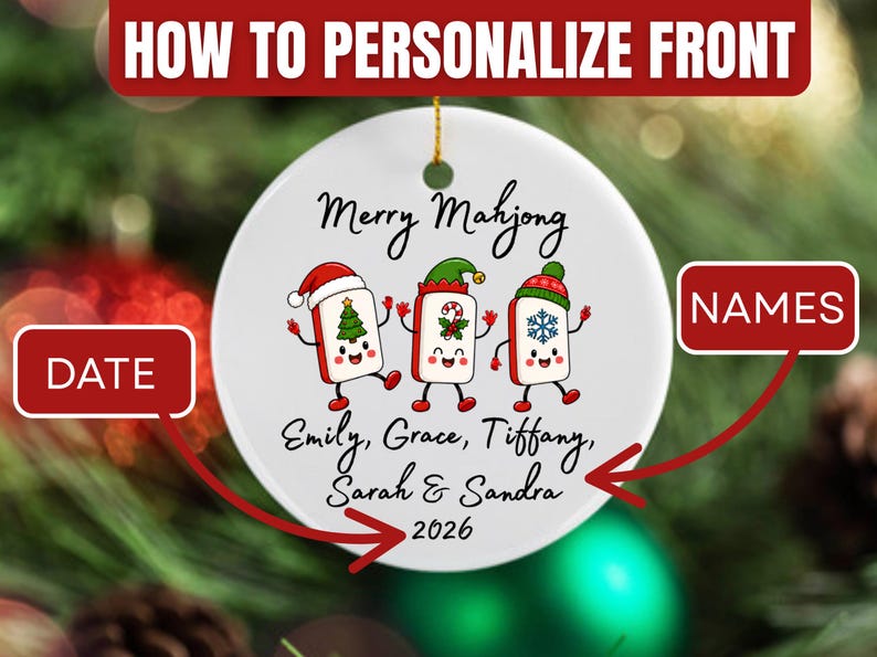 Merry Mahjong Ornament, Holiday Mahjong Tiles Personalized 2026, Girls Club Game Night Gift image 2