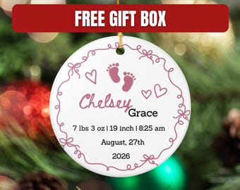 Baby Girl Birth Announcement Ornament, Birth Stats Gift, Custom Newborn Photo Keepsake, Personalized New Parents Present