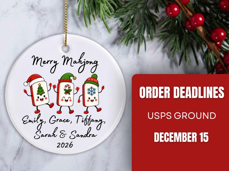 Merry Mahjong Ornament, Holiday Mahjong Tiles Personalized 2026, Girls Club Game Night Gift image 7