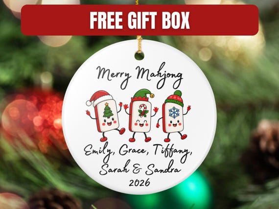 Merry Mahjong Ornament, Holiday Mahjong Tiles Personalized 2026, Girls Club Game Night Gift