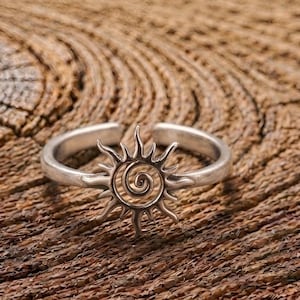 Sterling Silver Sun Spiral Ring, Celestial Boho Jewelry, Adjustable Open Band