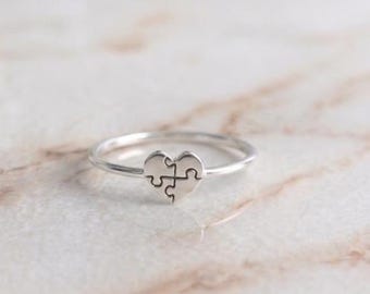 Puzzle Heart Ring, Sterling Silver, Autism Awareness, Neurodiversity Jewelry