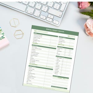 May include: A printed monthly budget tracker sheet with a green and white color scheme. The document features sections for income, fixed expenses, variable expenses, a monthly summary, savings goals, a bill payment checklist, and a debt tracker.