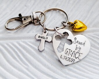 Baptism Keychain - Saved By Grace Keychain - Personalized Baptism Gift - Christian Gift - Baptism Keepsake - Baptism Day Gift for Her