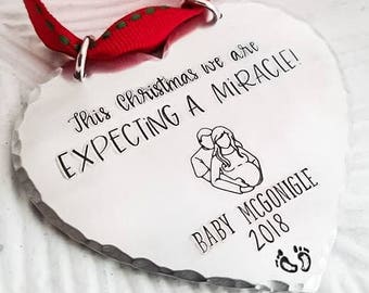 Pregnancy Christmas ornament, pregnancy announcement ornament, personalized pregnancy baby name hand stamped ornament, we're expecting