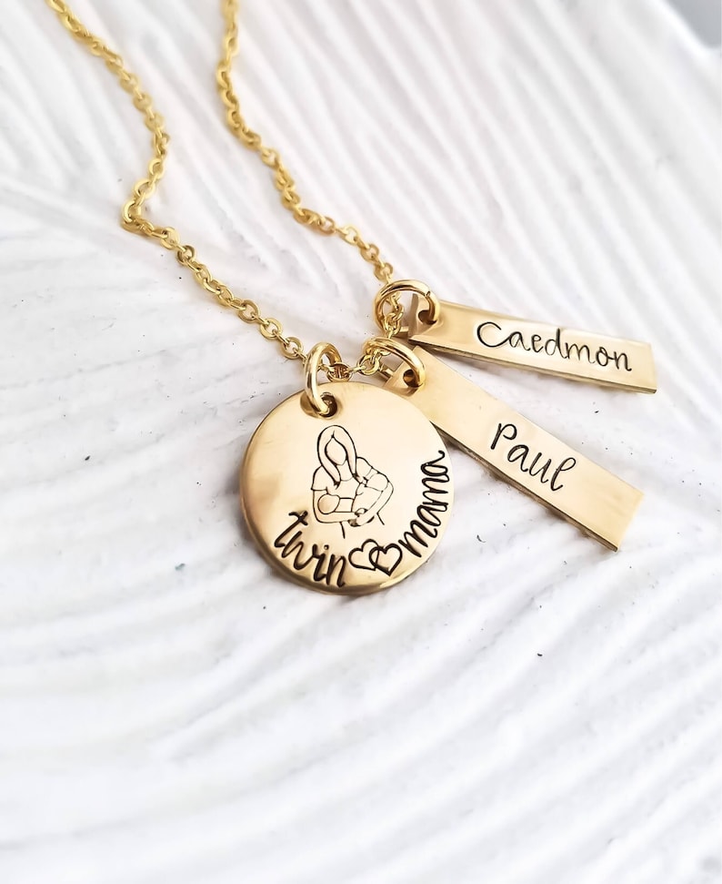 personalized gold mom of twins jewelry personalized gold mom necklace twin baby name jewelry Twin mom necklace push present for twins