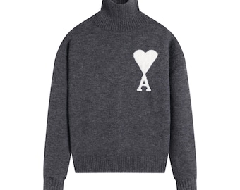 Unisex Grau Rollkragen herz grafik Strickpullover