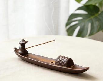 Porta incienso de cerámica con forma de barco de pescador, quemador de incienso Wabi Sabi / decoración para mesa de té zen, bandeja aromática para meditación, decoración oriental para el hogar