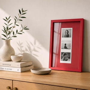 May include: A rectangular red picture frame containing a vertical white mat with three black and white photographs of a child. The frame is positioned upright next to a beige vase with green leaves, a small ribbed bowl, and two stacked books.