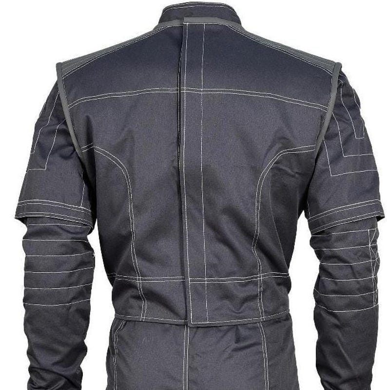May include: A dark charcoal gray jacket featuring a high collar and a vertical center back closure. The garment is detailed with prominent white contrast stitching that outlines the shoulders, sleeves, and back panels, creating a structured look.