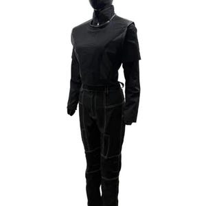 May include: A black long-sleeved top with a high collar and a front zipper, paired with matching black trousers featuring prominent white contrast stitching. The trousers have a multi-panel construction with visible seams along the legs and waist.