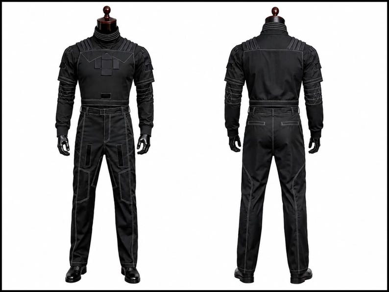 Puede incluir: Un conjunto de dos piezas negro de estilo t&aacute;ctico que consta de una parte superior de manga larga con cuello alto acanalado, hombreras y paneles frontales estructurados, junto con pantalones a juego con costuras reforzadas.