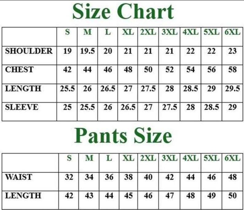 Puede incluir: Una tabla de tallas en blanco y negro para ropa, con dos tablas con encabezados verdes. La tabla superior enumera las medidas de hombro, pecho, largo y manga para las tallas S a 6XL. La tabla inferior enumera la cintura y el largo de los pantalones.