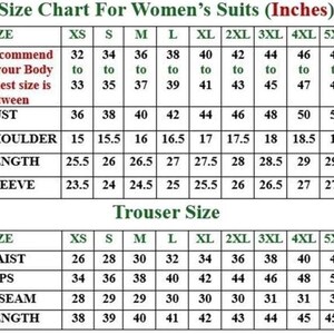 Pu&ograve; includere: Una tabella delle taglie per completi con due sezioni intitolate Size Chart For Suits (Inches) e Trouser Size. La tabella riporta le misure in pollici per le taglie dalla XS alla 5XL, inclusi busto, spalle, lunghezza, maniche, vita, fianchi e interno gamba.