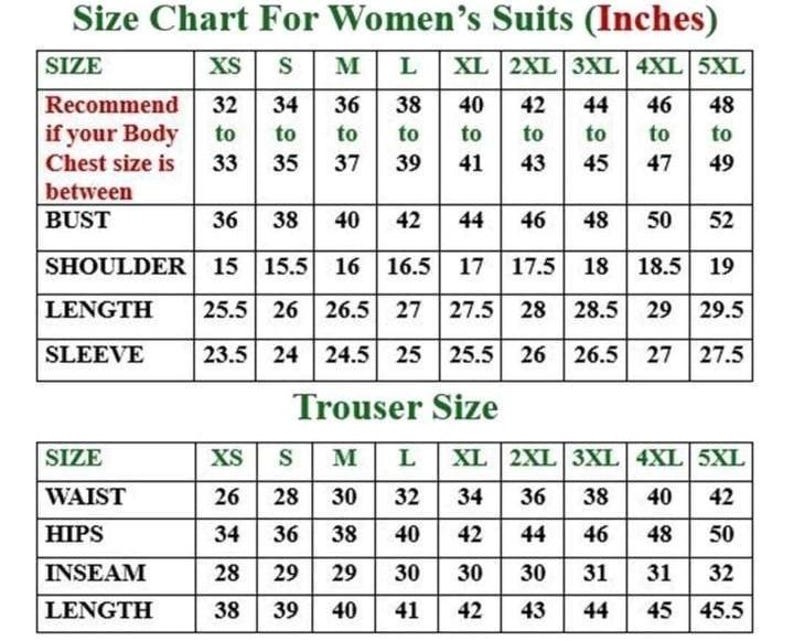 Pu&ograve; includere: Una tabella delle taglie per completi con due sezioni intitolate Size Chart For Suits (Inches) e Trouser Size. La tabella riporta le misure in pollici per le taglie dalla XS alla 5XL, inclusi busto, spalle, lunghezza, maniche, vita, fianchi e interno gamba.