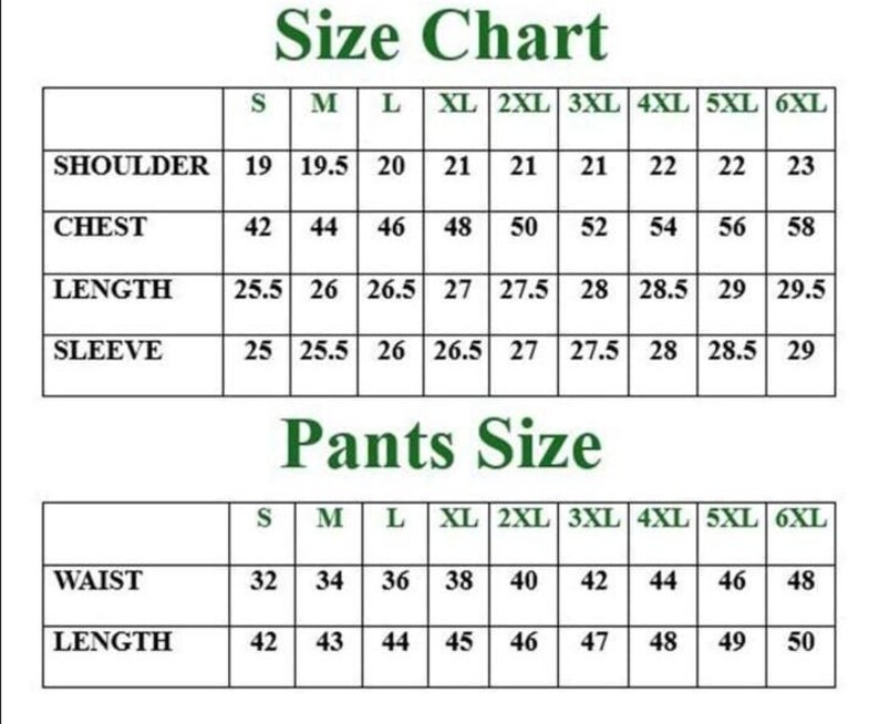 May include: A black and white size chart table for clothing, featuring two sections labeled Size Chart and Pants Size. The tables list measurements for sizes S through 6XL, including shoulder, chest, length, and sleeve for tops, and waist and length for pants, with all text in English.