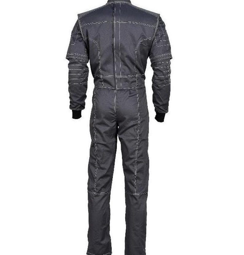 May include: A dark gray racing suit featuring long sleeves with black ribbed cuffs and prominent white contrast stitching throughout the garment. The one-piece coverall design includes a high collar and vertical seam detailing along the back.