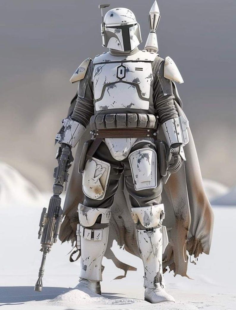 May include: A full-body suit of white and grey weathered armor featuring a helmet with a T-shaped visor, shoulder pauldrons, chest plate, and leg greaves. A long, tattered cape hangs from the shoulders, and a blaster rifle is held in the right hand.