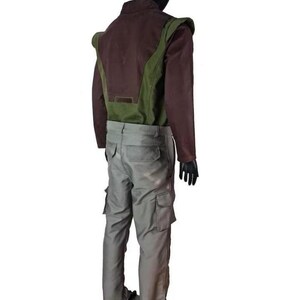 May include: A costume set consisting of a long-sleeved jacket and cargo pants. The jacket features a dark brown upper back and shoulder panels with olive green side sections. The pants are light gray with two back pockets and side cargo pockets.