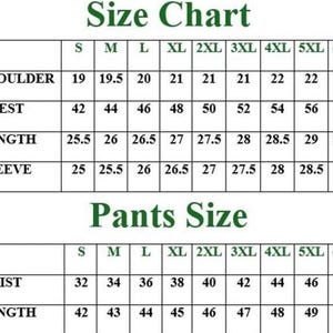 May include: A size chart table with green text headers labeled Size Chart and Pants Size. The chart lists measurements in inches for shoulder, chest, length, and sleeve for sizes S through 6XL, and waist and length measurements for pants.