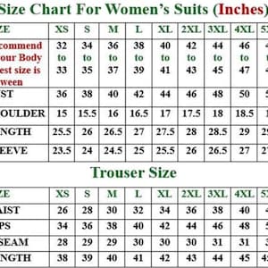 May include: A size chart for suits with two tables. The top table lists measurements in inches for XS to 5XL sizes including bust, shoulder, length, and sleeve. The bottom table lists waist, hips, inseam, and length measurements for trousers.