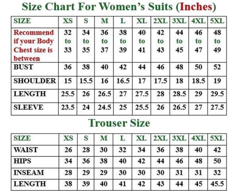 May include: A size chart for suits with two tables. The top table lists measurements in inches for XS to 5XL sizes including bust, shoulder, length, and sleeve. The bottom table lists waist, hips, inseam, and length measurements for trousers.