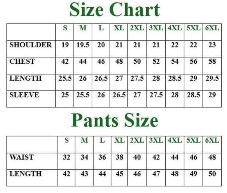 Puede incluir: Una tabla de tallas con texto verde oscuro sobre un fondo blanco. La secci&oacute;n superior enumera las medidas de hombro, pecho, largo y manga para las tallas S a 6XL. La secci&oacute;n inferior enumera las medidas de cintura y largo para pantalones.