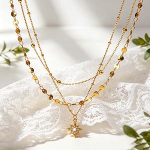 Ketting met meerdere lagen octagram van titaniumstaal, delicate hanger met zirkonia, stapelbare ketting, modieus jubileumcadeau voor vrouwen