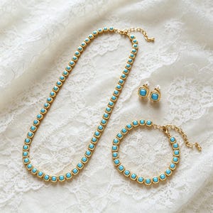 Vintage Gold Turquoise Jewelry Set, Square Gem Necklace, Bracelet & Stud Earrings, Retro Tennis Style Stackable Jewelry Gift For Women