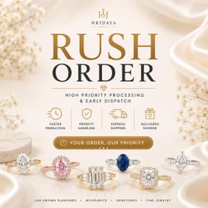 Può includere: Una grafica promozionale per Hridaya Jewels con il testo RUSH ORDER, HIGH PRIORITY PROCESSING & EARLY DISPATCH e YOUR ORDER, OUR PRIORITY. Sei anelli con vari tagli di diamanti, moissanite e pietre preziose sono mostrati in basso.