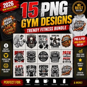 15 ultimative Fitness-Designs im Paket | Mega-PNG-Bundle mit motivierenden Gym-Motivationsmotiven | T-Shirt-Designpaket